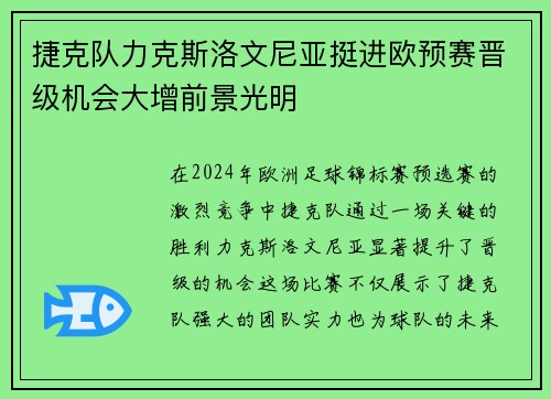 捷克队力克斯洛文尼亚挺进欧预赛晋级机会大增前景光明