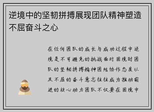 逆境中的坚韧拼搏展现团队精神塑造不屈奋斗之心
