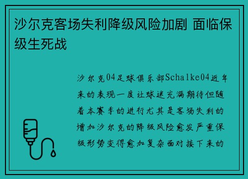 沙尔克客场失利降级风险加剧 面临保级生死战