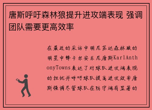 唐斯呼吁森林狼提升进攻端表现 强调团队需要更高效率