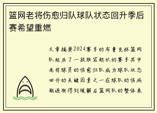 篮网老将伤愈归队球队状态回升季后赛希望重燃