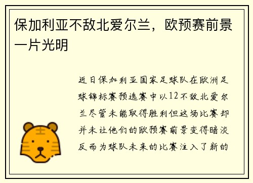 保加利亚不敌北爱尔兰，欧预赛前景一片光明