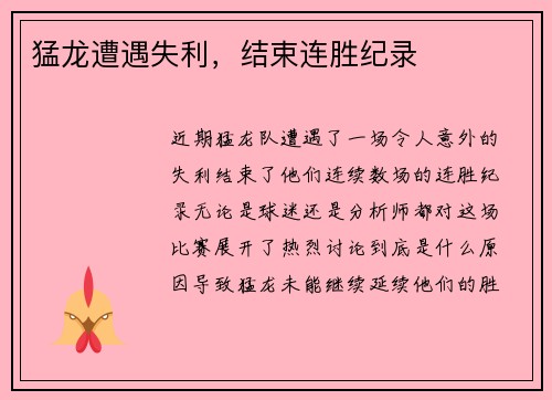 猛龙遭遇失利，结束连胜纪录