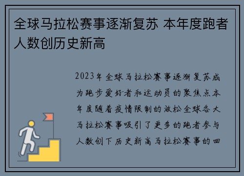 全球马拉松赛事逐渐复苏 本年度跑者人数创历史新高