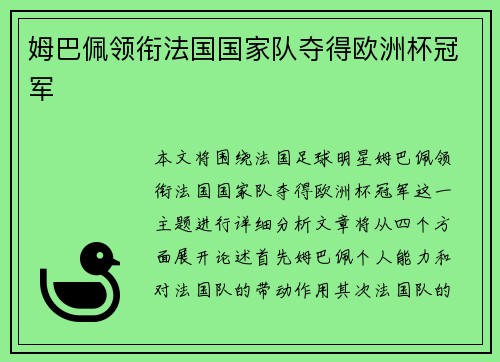 姆巴佩领衔法国国家队夺得欧洲杯冠军
