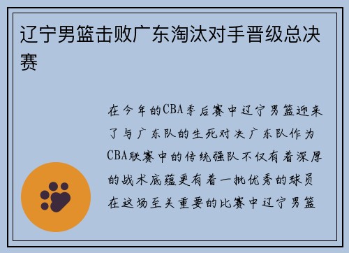 辽宁男篮击败广东淘汰对手晋级总决赛